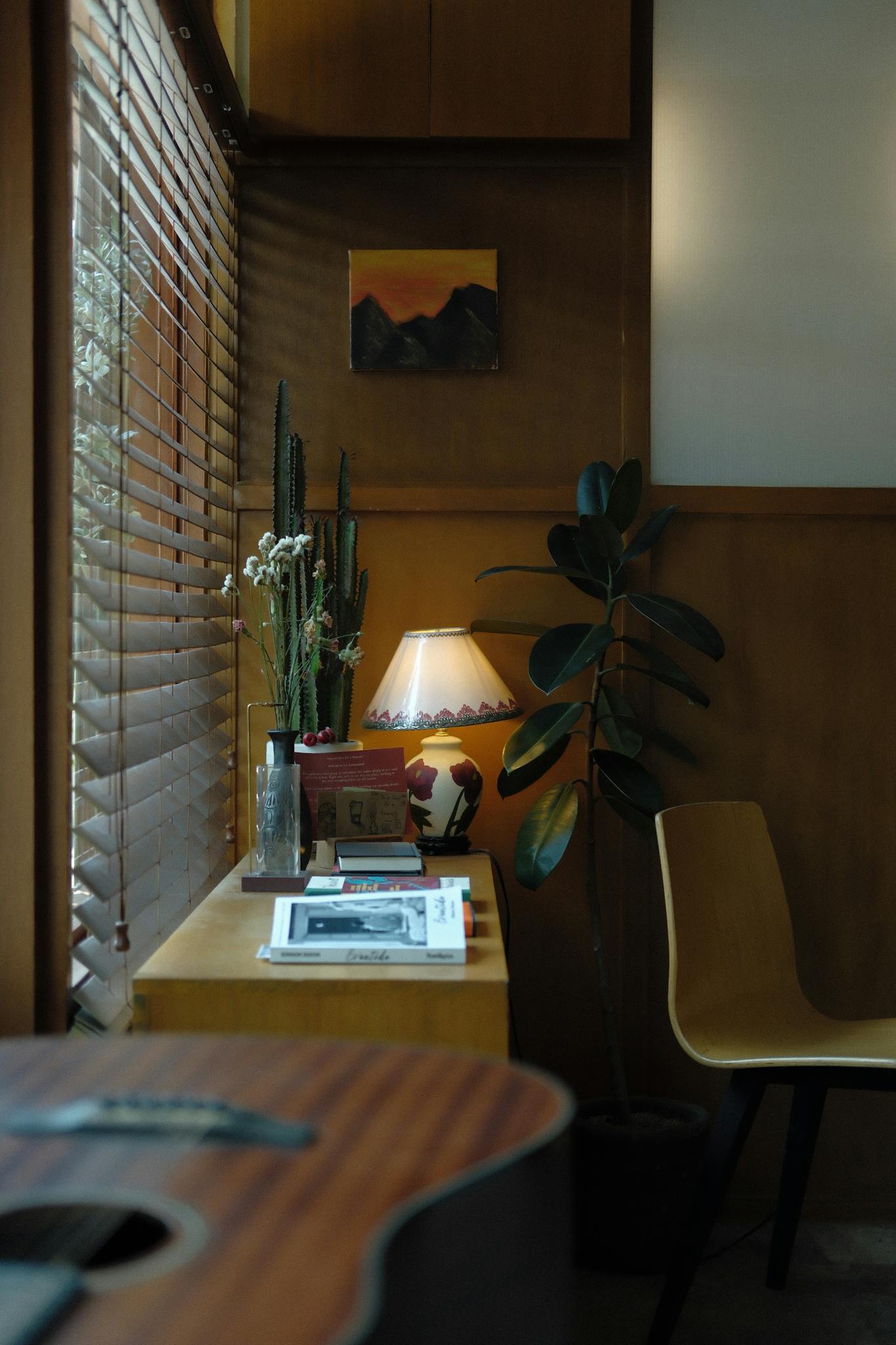 Peaceful indoor corner with guitar, plants, and cozy lighting.